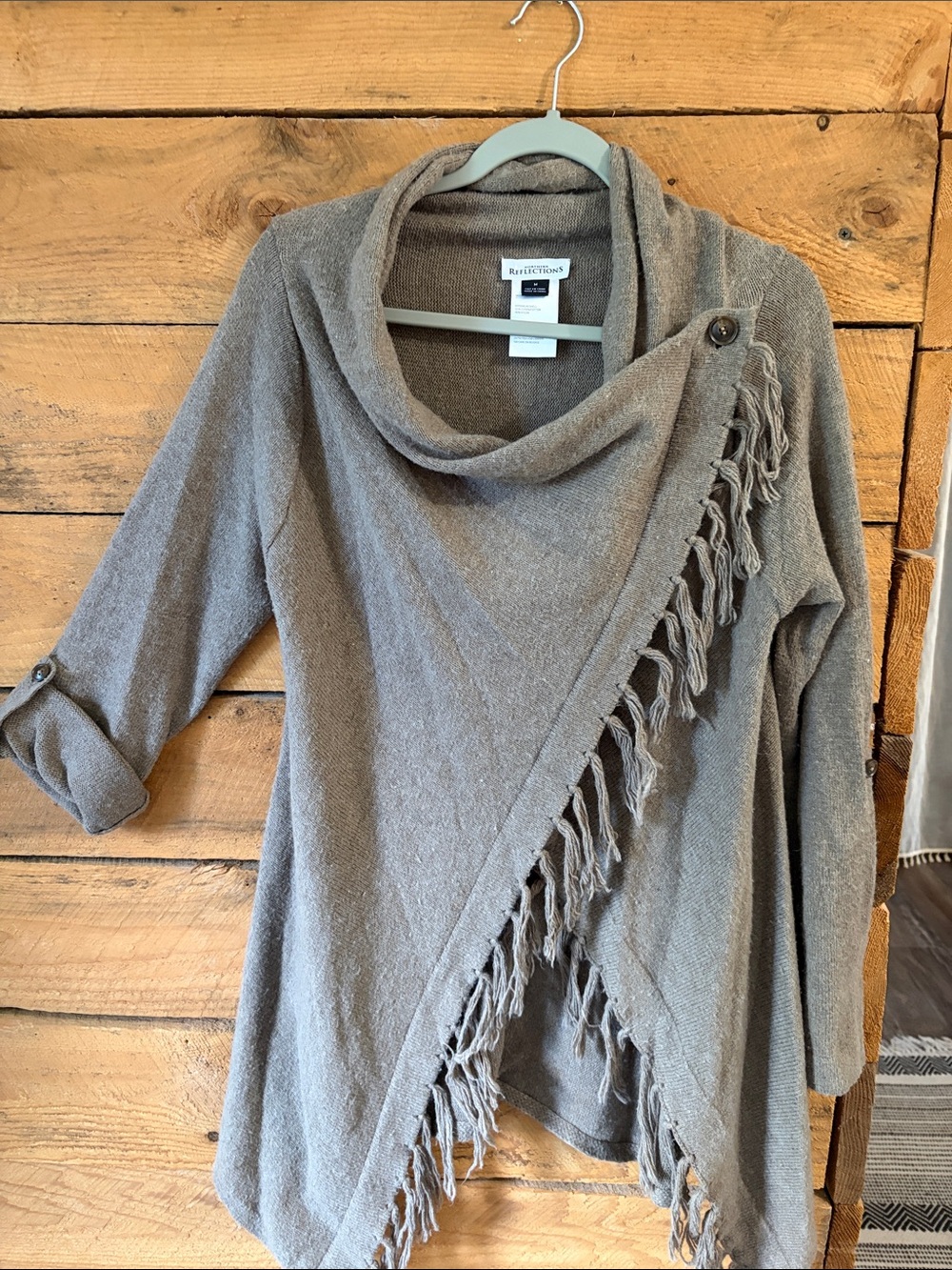 Northern Reflections Taupe Fringe Wrap Pullover